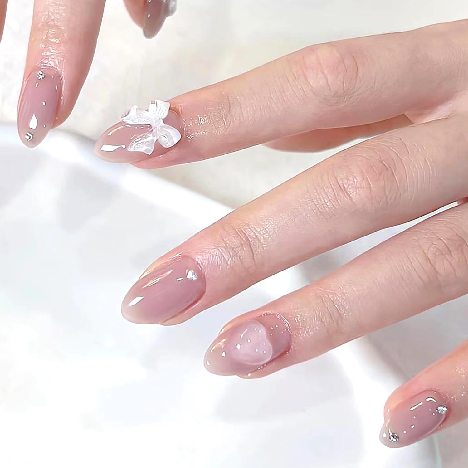 24Pcs Nude Pink Press on Nails Solid Color Short round Fake Nails 3D Love Bow Ch