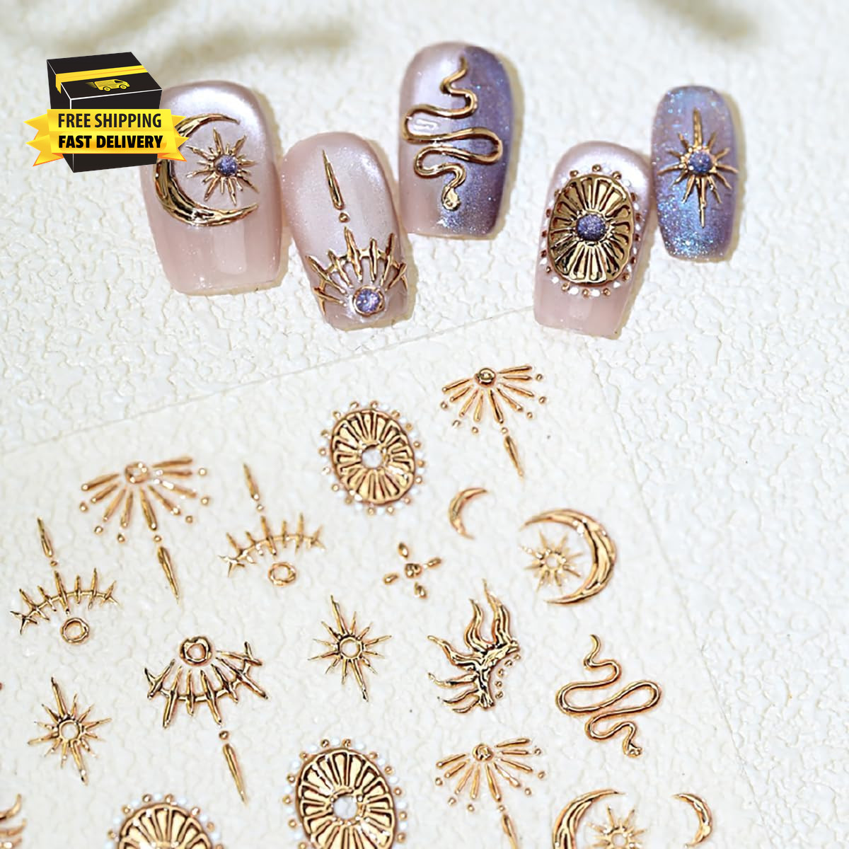 1 Sheets Embossed Star Nail Stickers for Nail Art Gold Snake Nail Decals 5D Self