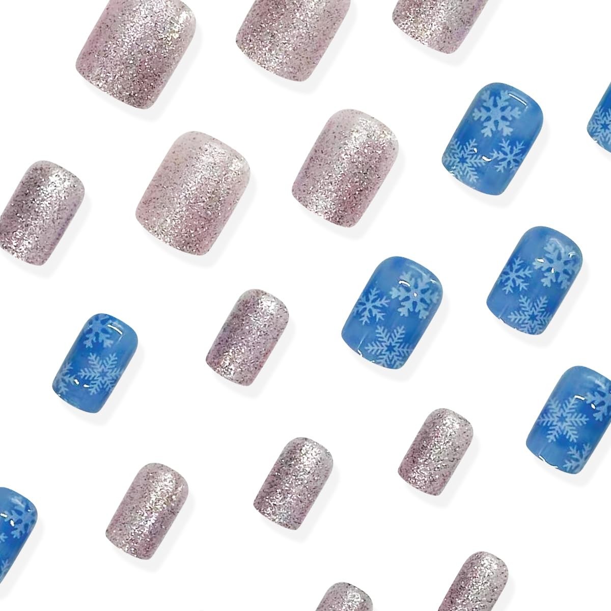 24Pcs Winter Snowflake Press on Nails Short Square Fake Nails with Glue Silve…