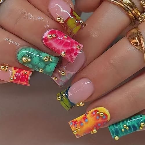 24Pcs Colorful Summer Press On Nails Medium Square, Y2K Leopard Print Fake