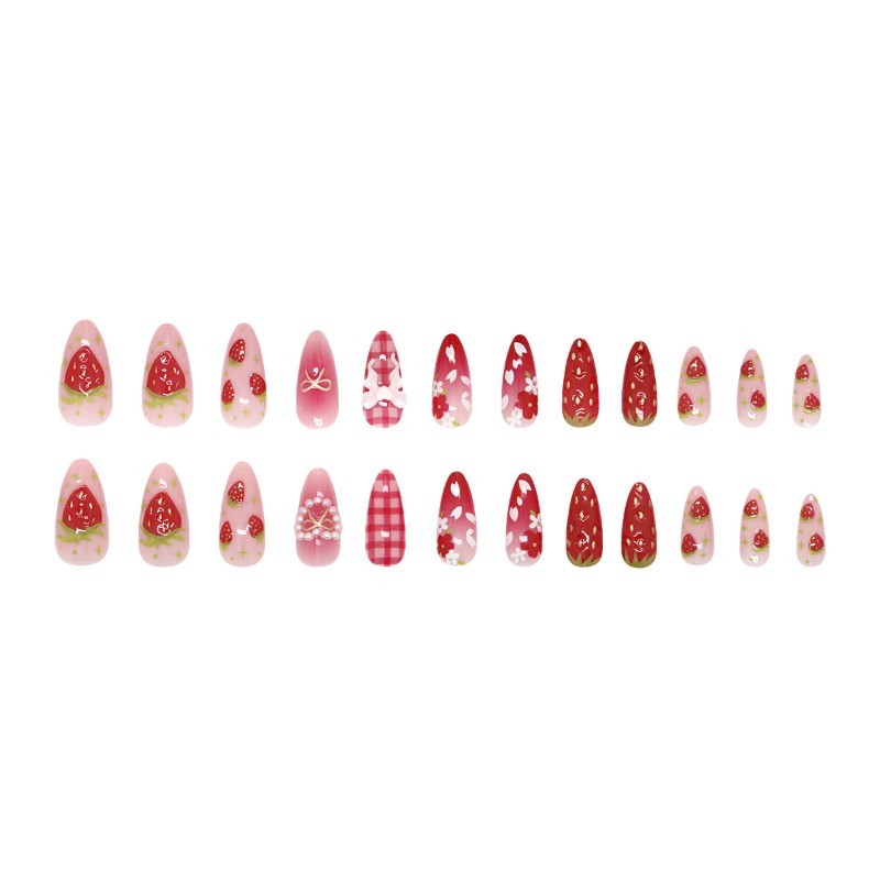 48pcs-Kawaii Press on Nails with 3D Strawberries, Plaid Bows and Gradient Tips