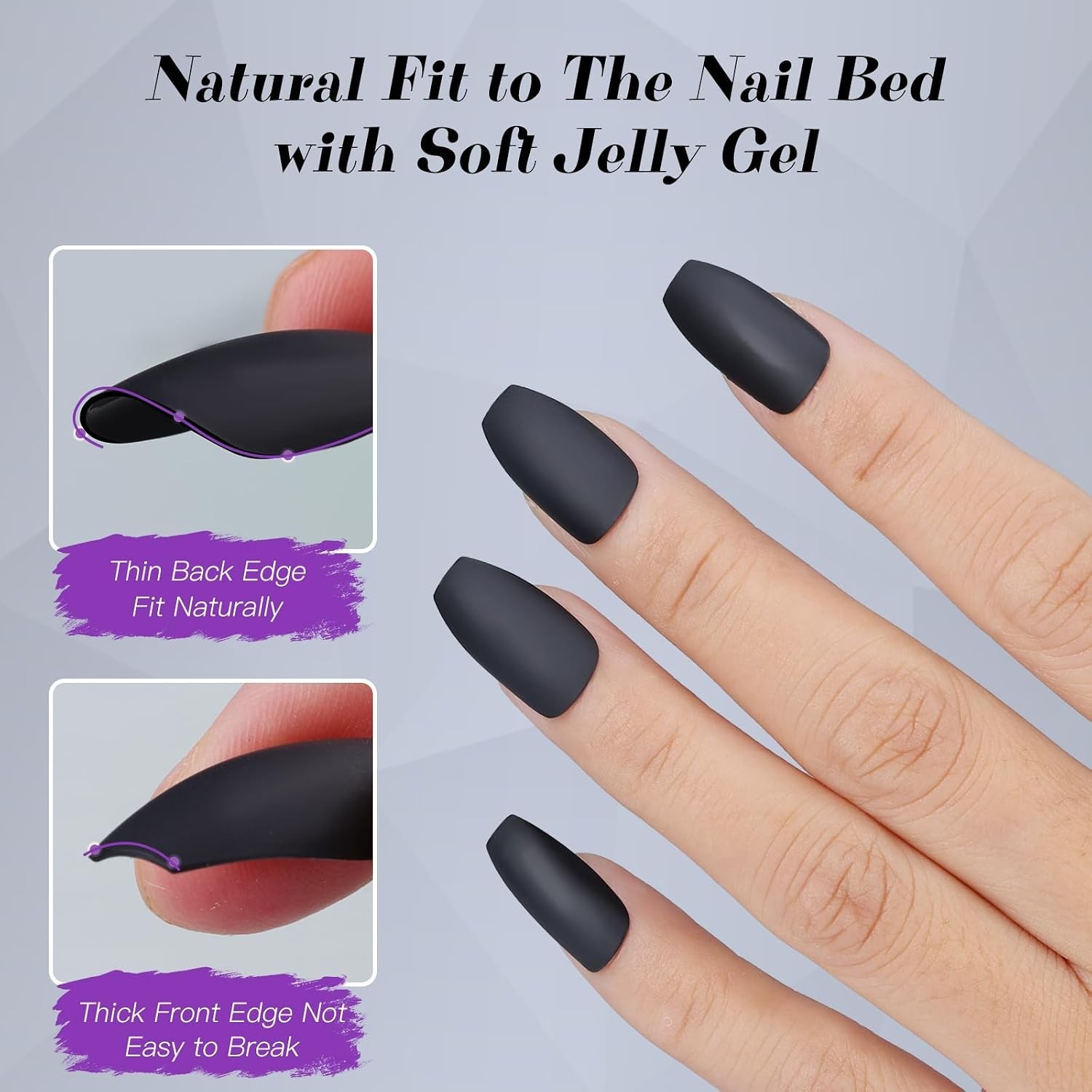 Glamorous 24PCS Acrylic False Nails – Black Matte Finish for Easy Application