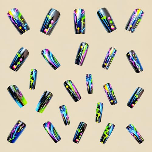 Color MIXFOSAHN Press on Nails Medium Coffin Fake Nails Black Color Artistic5