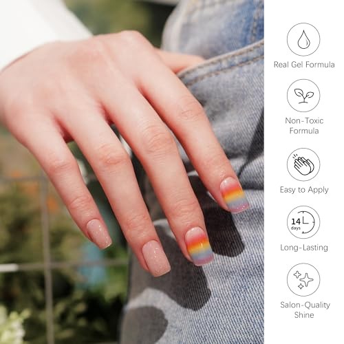 Semi Cured Gel Nail Strips Rainbow Gradient Glitter Spring Gel Nail Iris Veil