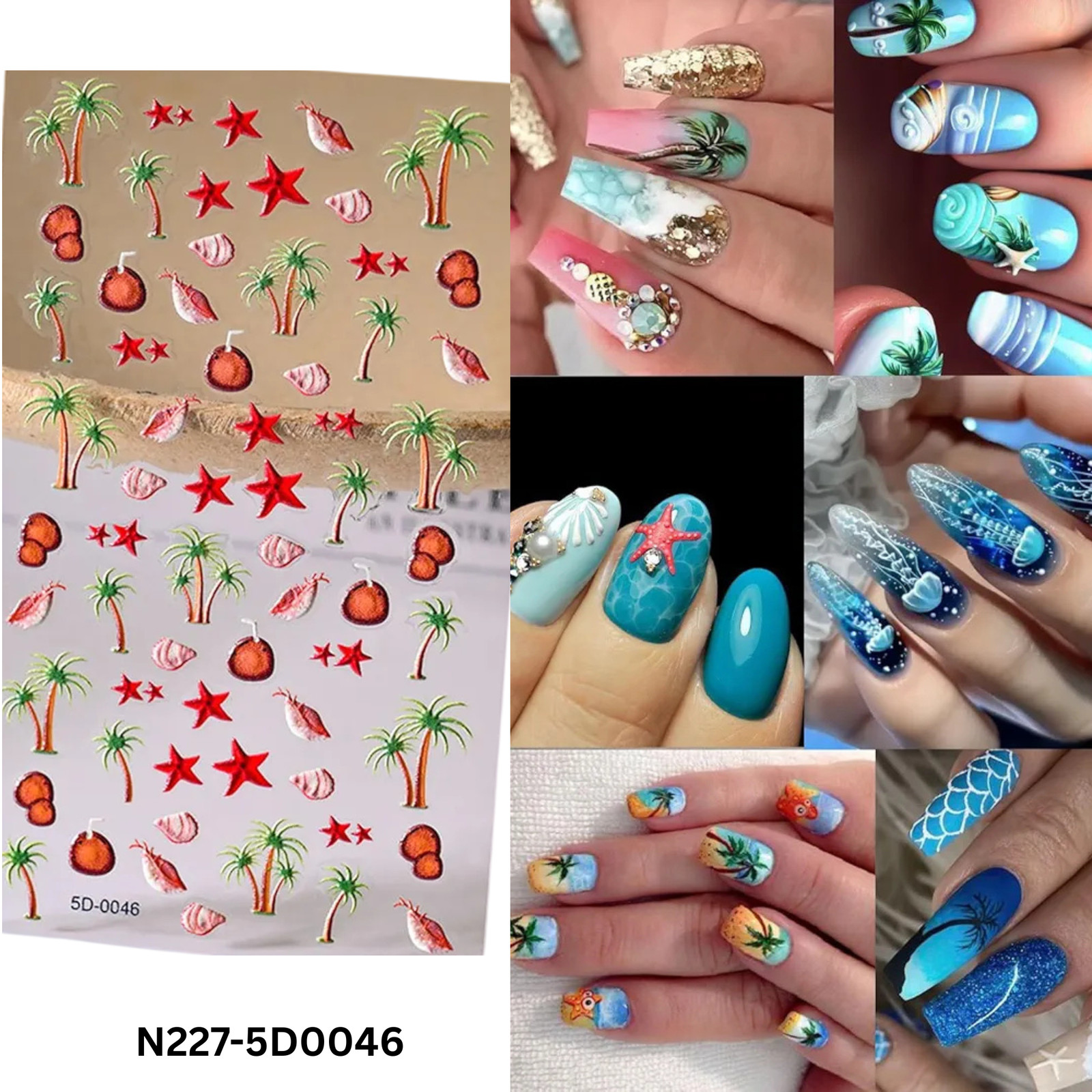 5D Summer Beach Nail Art Stickers – Tropical Palm Trees, Coconuts & Starfish Dec
