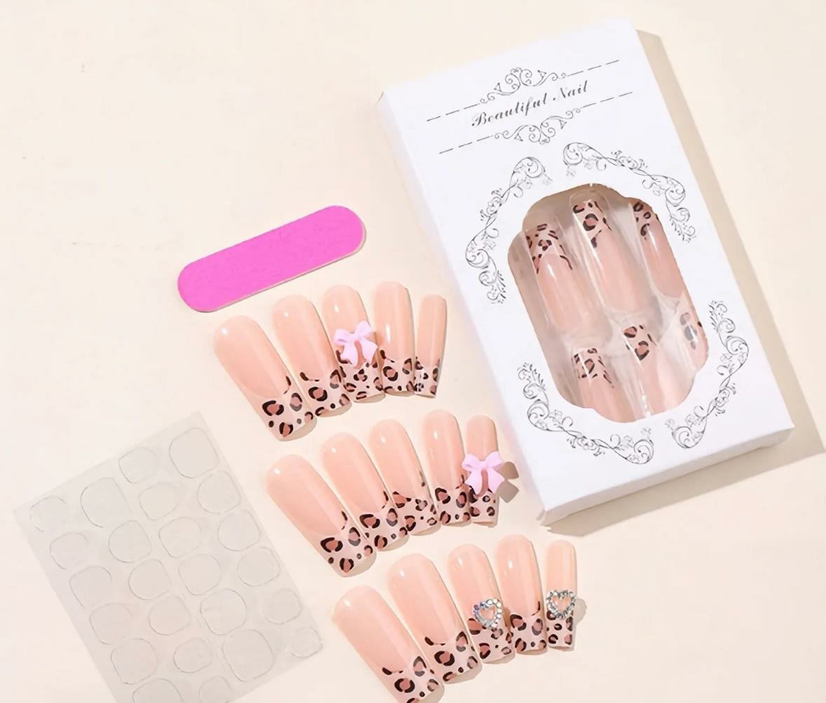 Long Square Shiny Leopard Print Press-On Nails Full Cover Pre-Designed Pink
