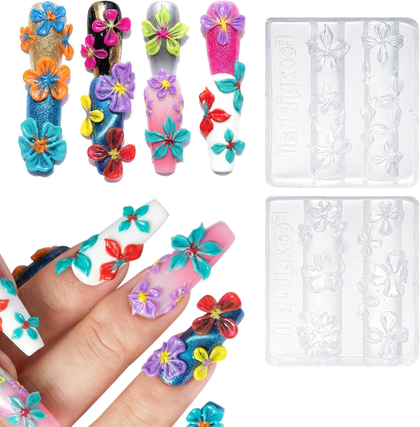 2Pcs 3D Flowers Nail Art Silicone Molds Clear and Reusable for Salon Home DIY Ma