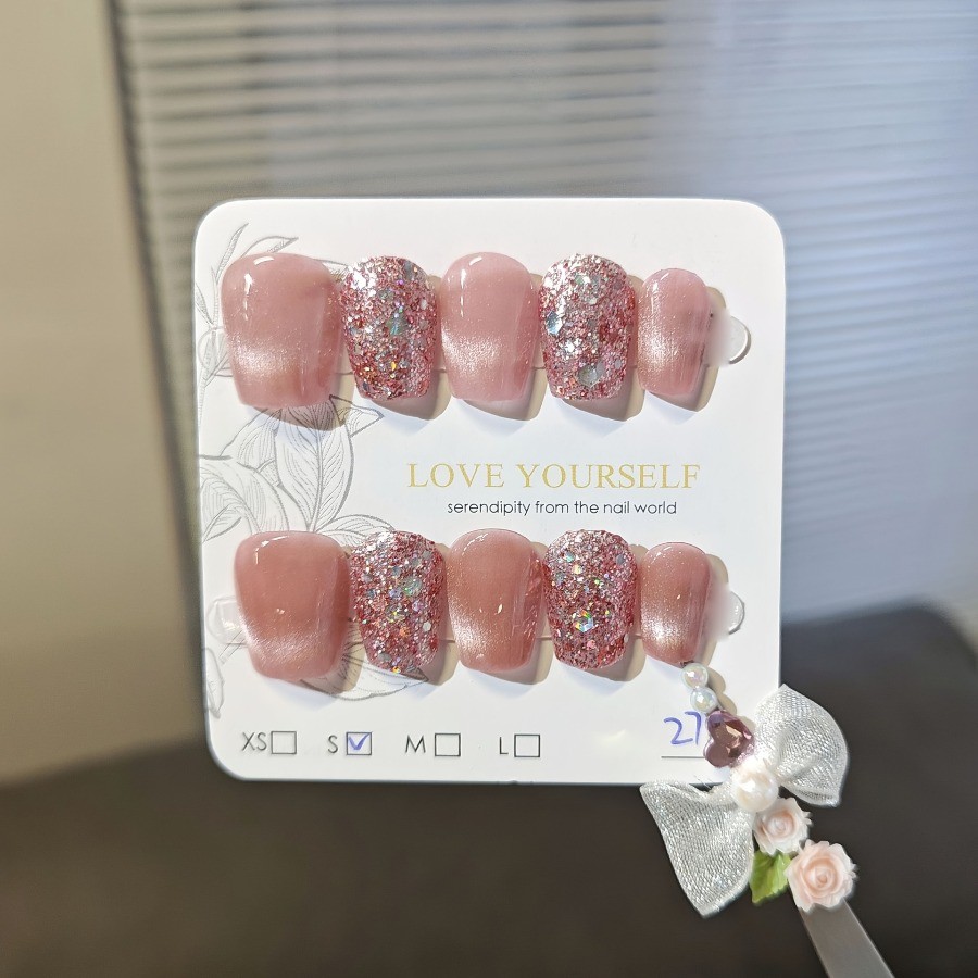 Handmade Press On Nails 10pc Pink Glitter Cat-Eye Design Oval Short Shape Glossy