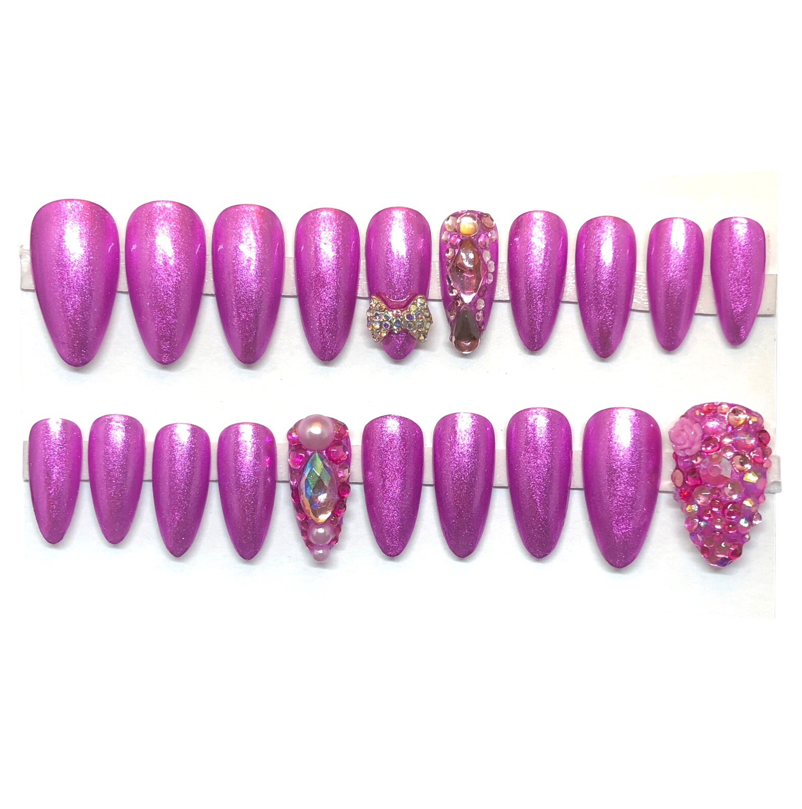 Handmade UV Gel Press On Nails Medium Length Almond Shape Pink Metallic & Bling