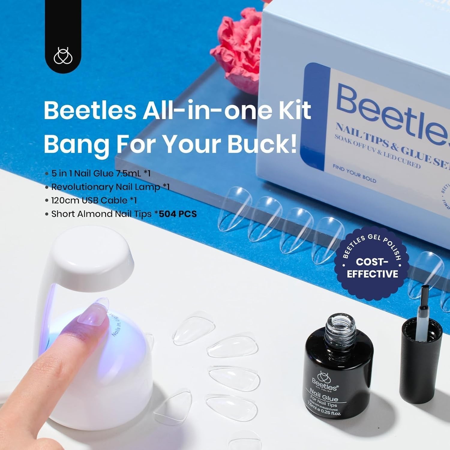 Beetles Gel Nail Kit Clear Almond Short 500pcs 12 Sizes with Glue & UV Lamp