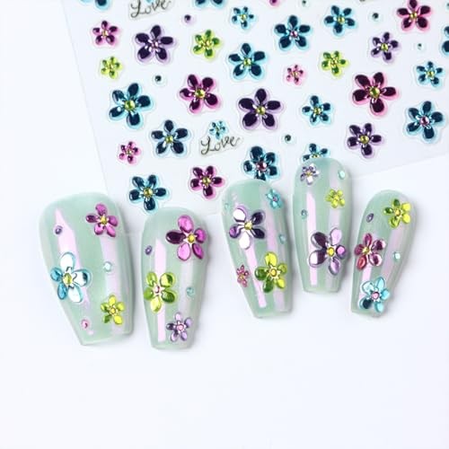 3 Sheets Spring Summer Flowers Nail Art Stickers Blue Green Purple Flowers