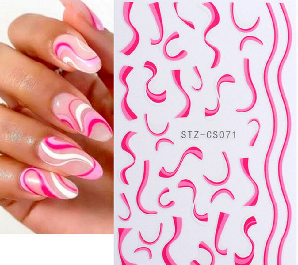 7Pcs Nail Art Stickers Decal Pink White French Line Swirl Wave Geometric NS7