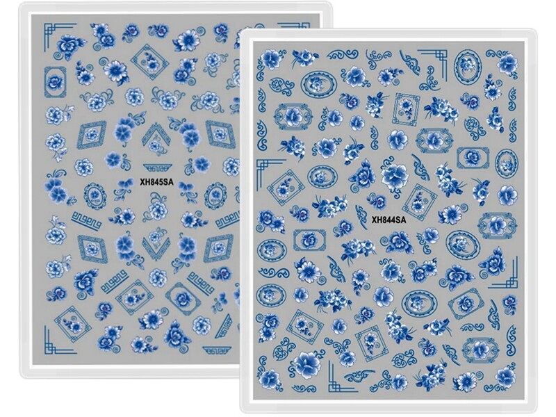 Blue White Porcelain Nail Sticker Wrap Flower Lotus Rose Fish Asian Elements