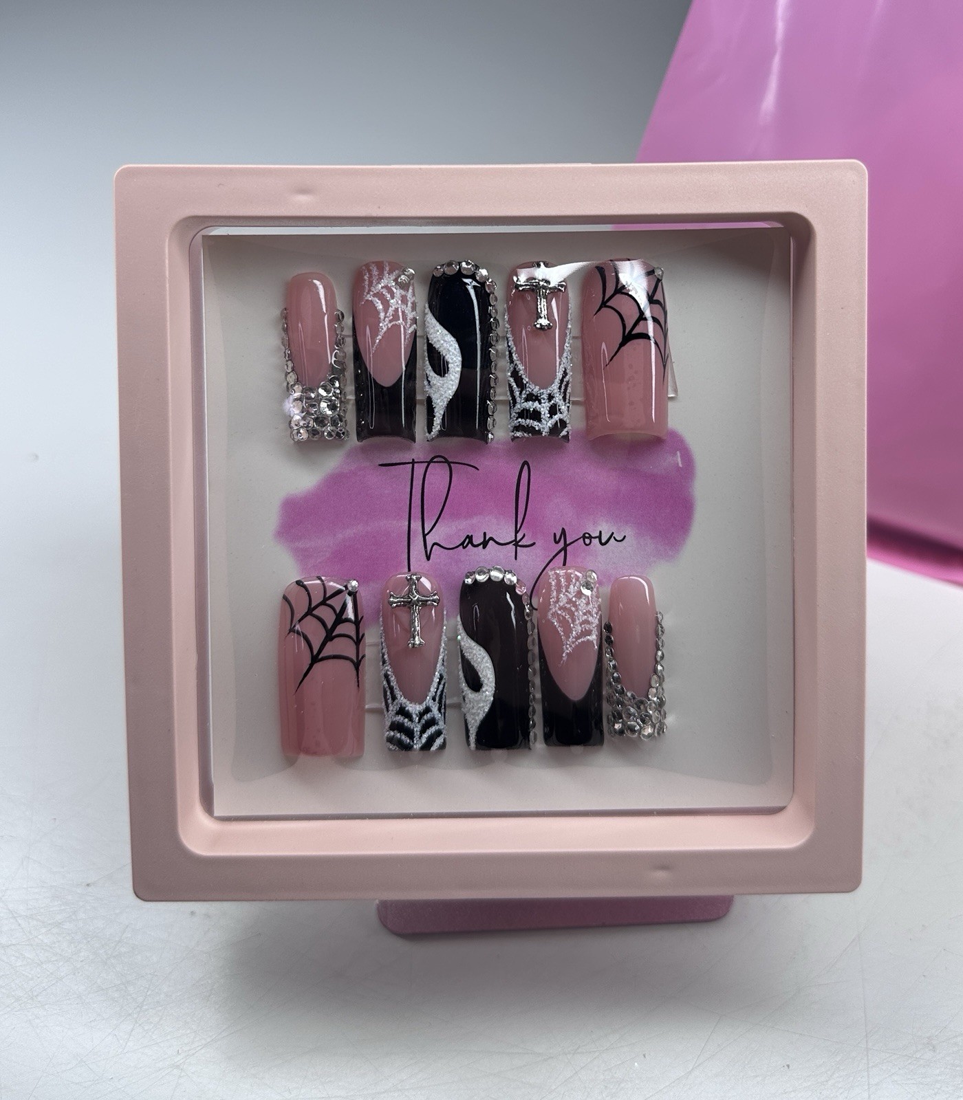 Handmade Medium Square Black Scream Inspired Press On Nails with Glue