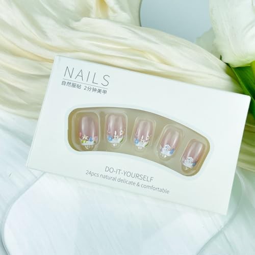 30pcs White French Tip Press on Nails Flower Short Square False Fake Nails04