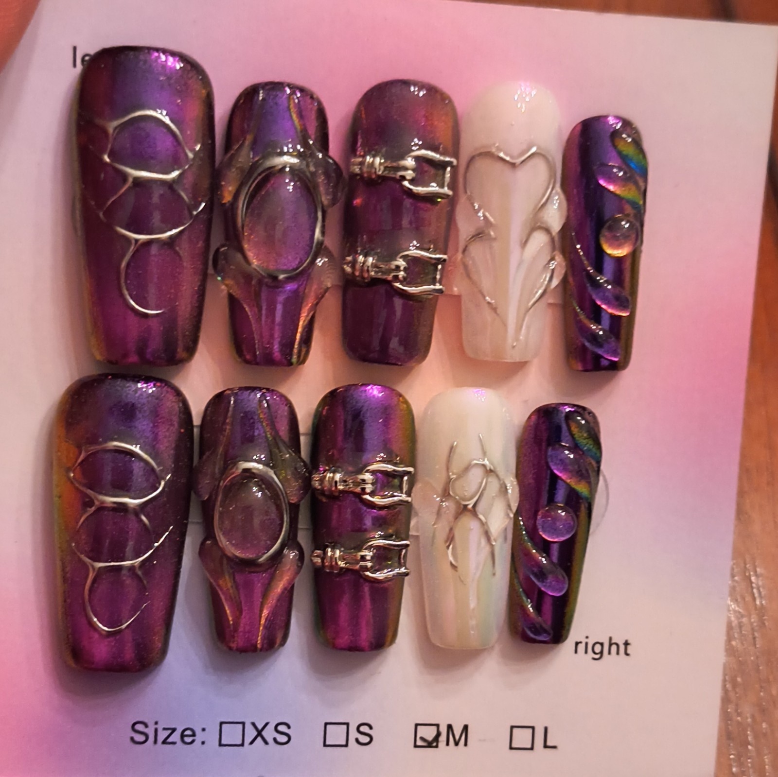 Long Coffin Press-On Nails Purple Pink White Chrome Shiny 3D Abstract Set Medium