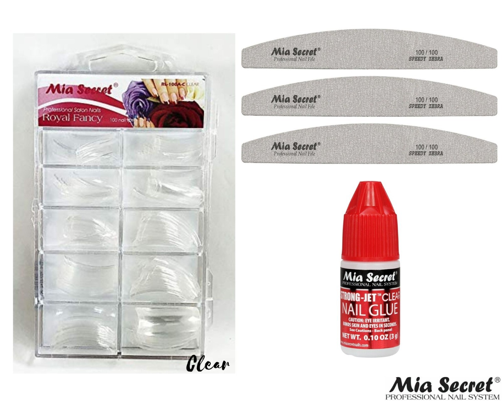 Mia Secret Royal Fancy Tip 100pcs, Nail File 100/100 3pcs, Nail Glue 0.10oz