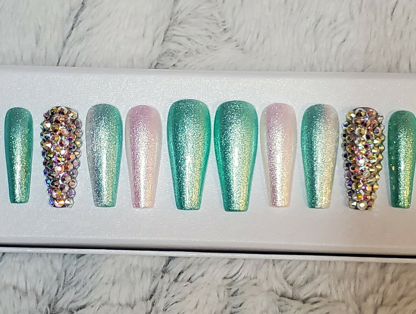 Green & white Bling glitter long ballerina diamond press on nails barbie ombre