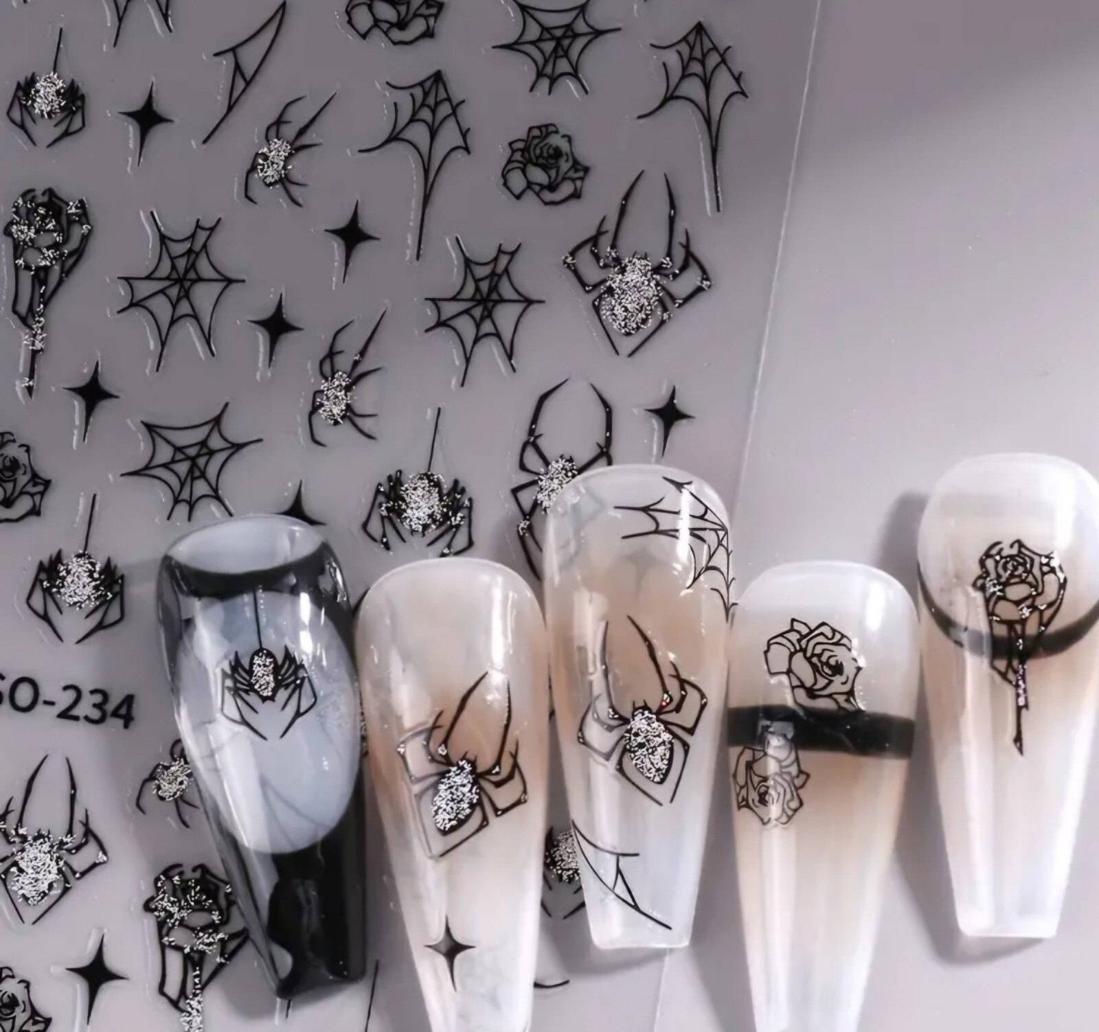 Halloween Nail Art Transfer Stickers Red Silver Spooky Spiders Roses Spider Webs