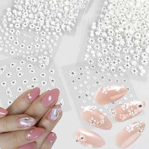 30 Sheets White Rhinestone Flower Nail Art Stickers 3D Self-Adhesive Flower