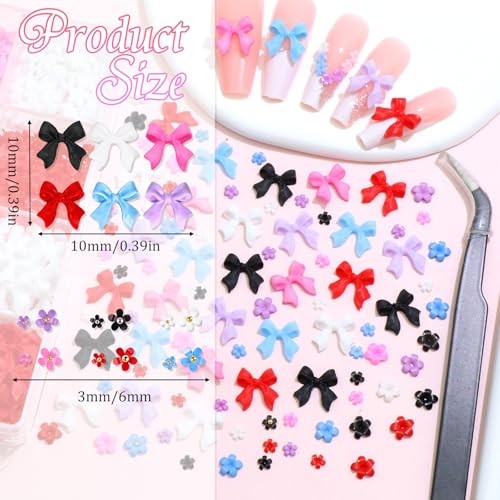 Colorful Bow Nail Charms 6 Colors Mini Flower Nail Art Charm Resin Multicolor