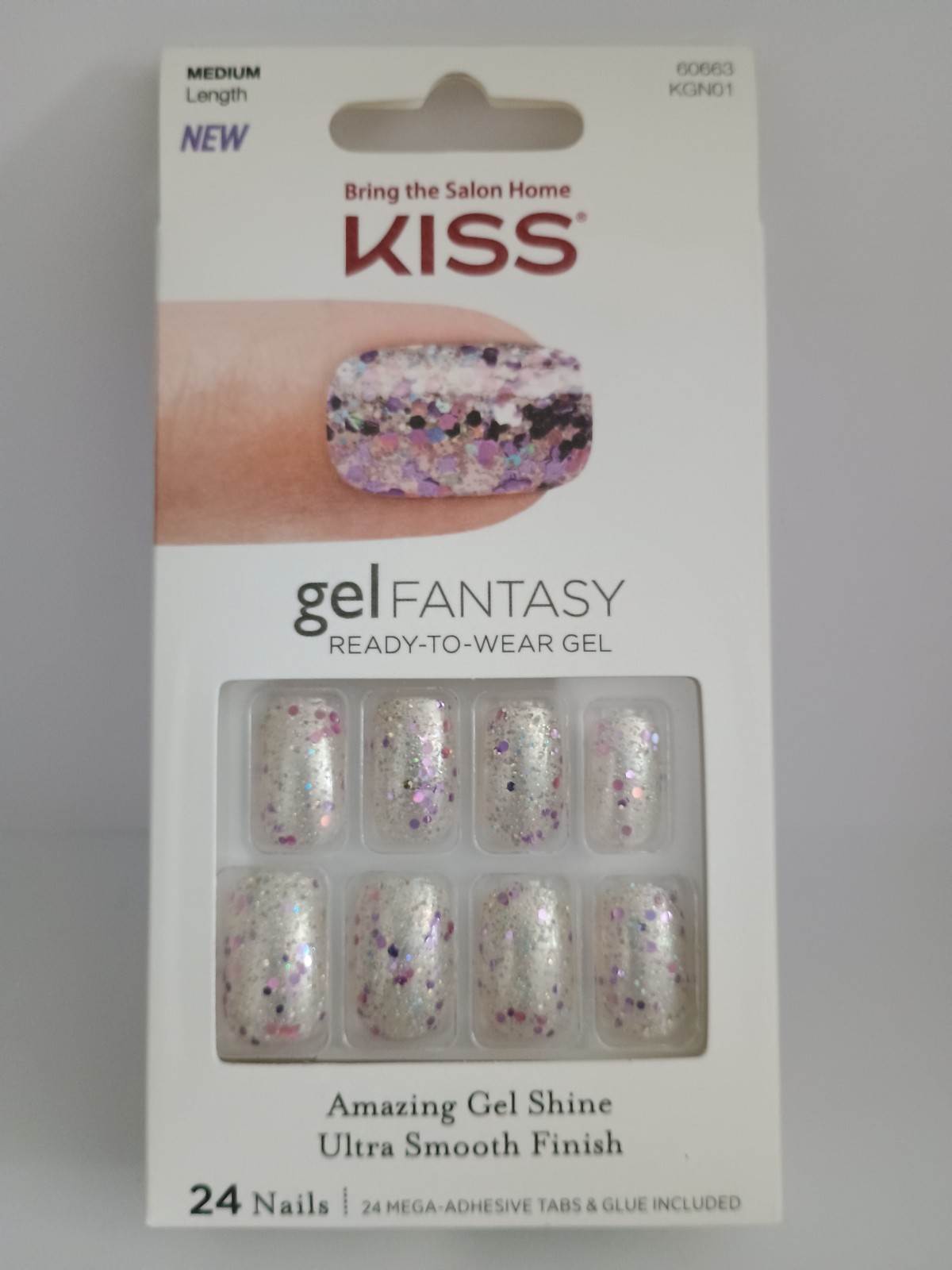 Kiss Gel Fantasy Medium Length Glue-on False Nails – Silver Purple Glitter (1)