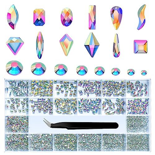 Nail Diamonds Set, Multi Shape Glass Crystal AB Nail Jewels & 21 Grids AB