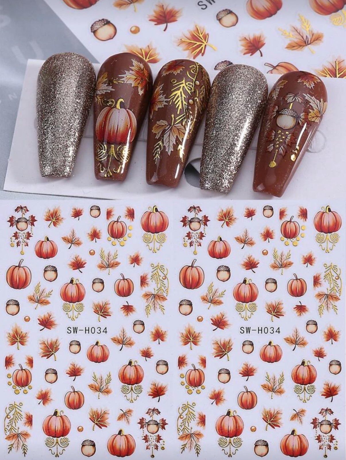 Autumn Pumpkin Nail Art Stickers Fall Leaves Acorn Gold Orange DIY Nails H034