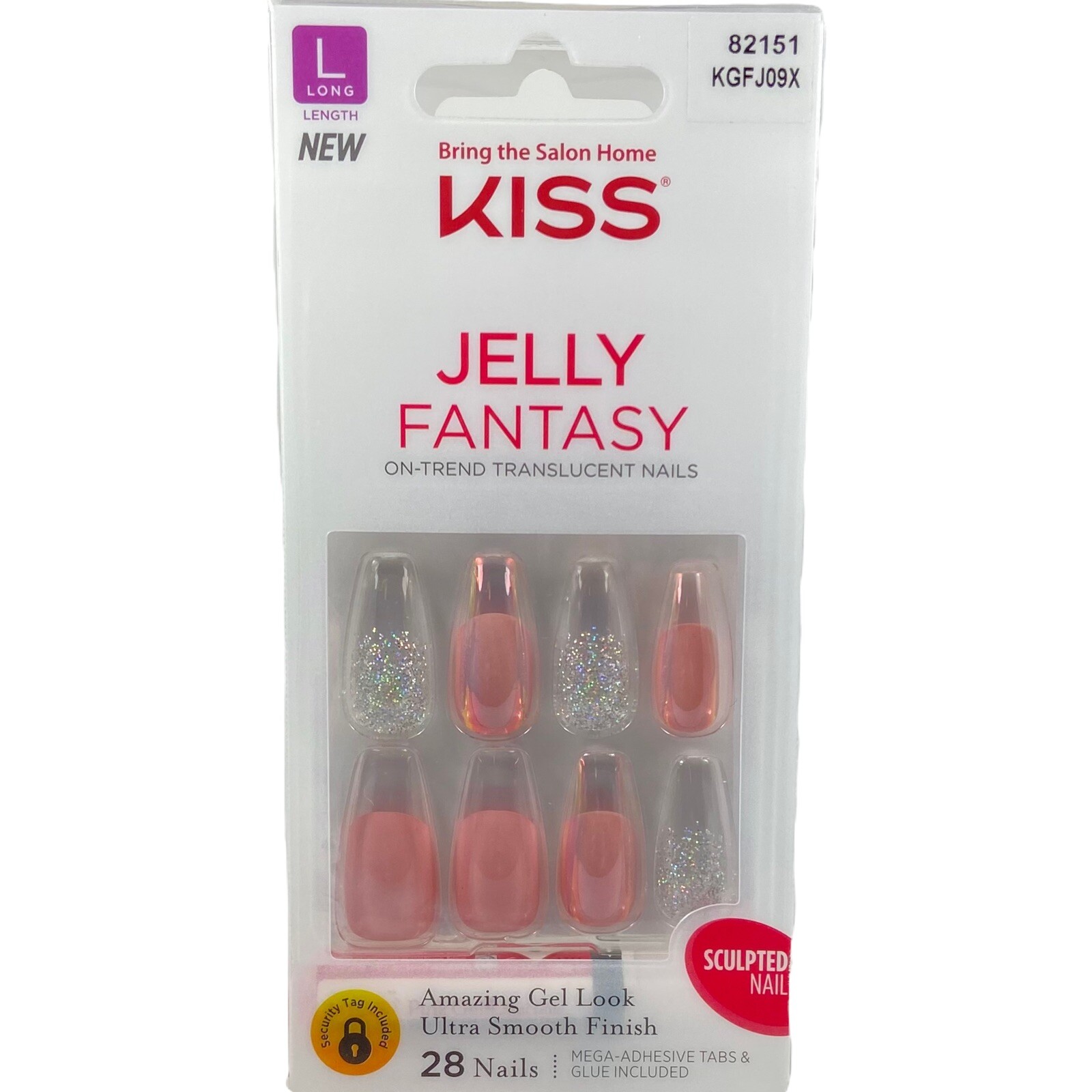 NEW Kiss Nails Jelly Fantasy Press or Glue Manicure Long Gel Coffin Pink Silver