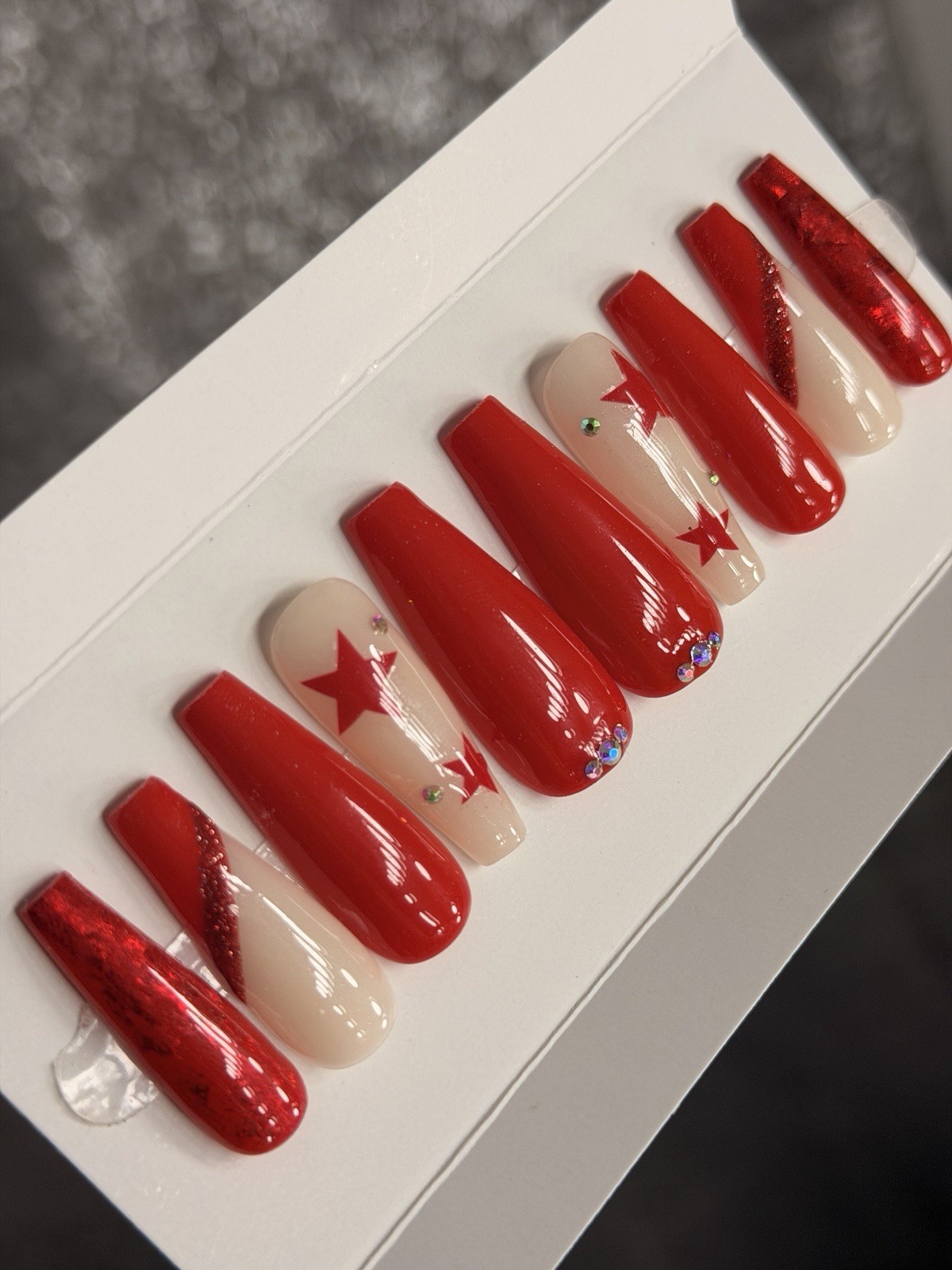✨ CUSTOM Press On Nails RED STAR BLING 10p SET W Kit