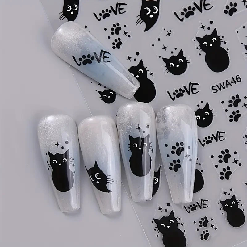 Nail Art Stickers Decals Cute Black Cat Designs Kitty Paws 🐾 Sheet You Choose
