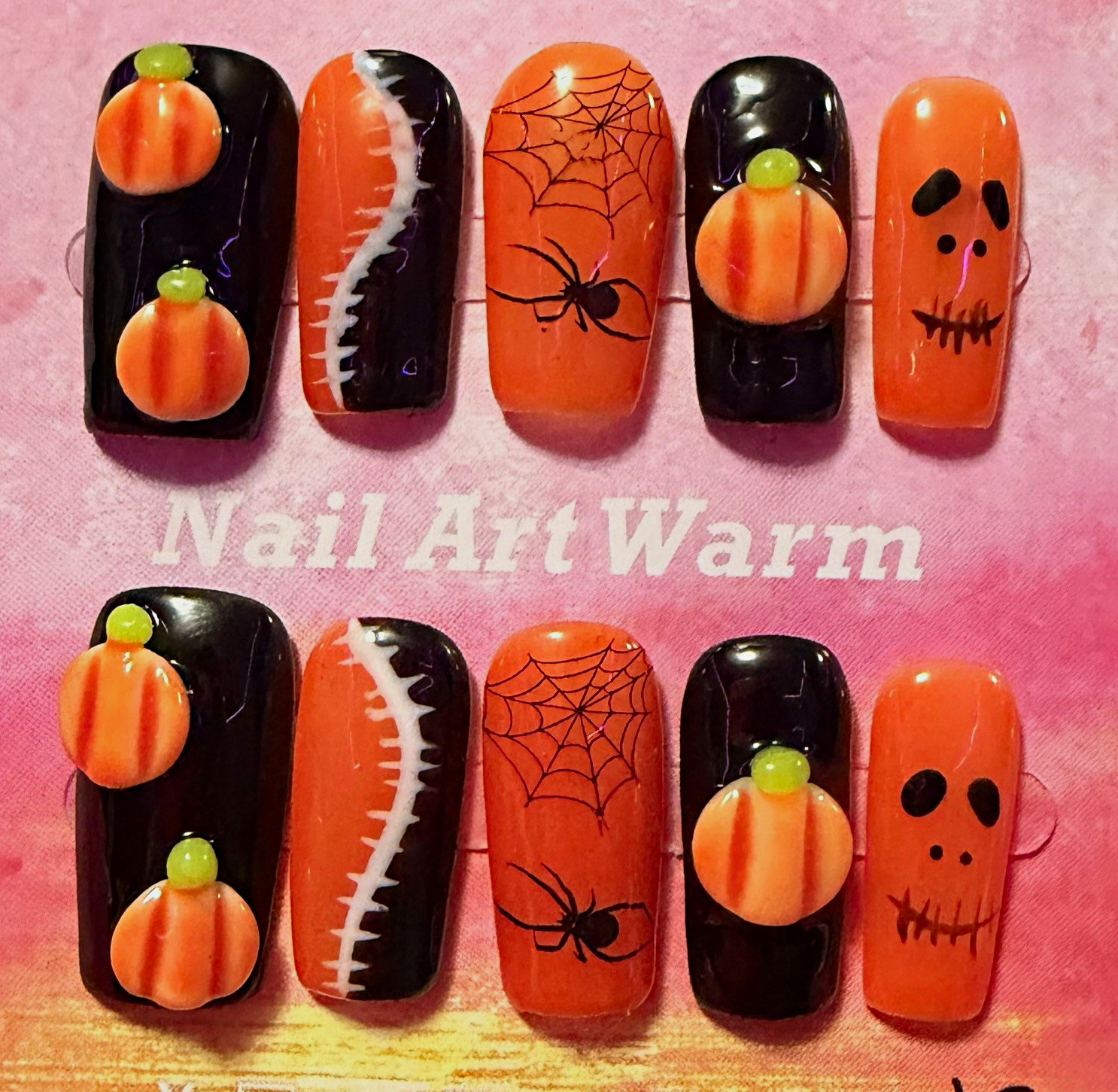 Orange/Black 3D Halloween Pumpkin Spiderweb Skull Coffin Press-On Nails, Med