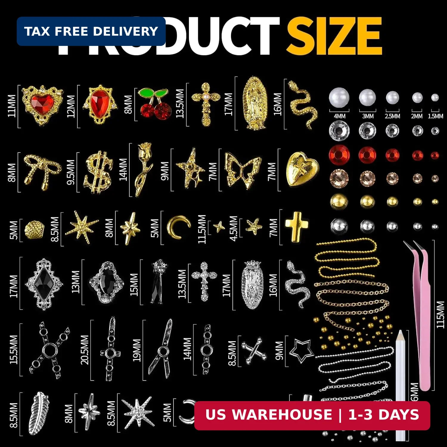 Teenitor Nail Charms and Gems with Nail Stickers, 6 Boxes Silver & Gold Nail Gem