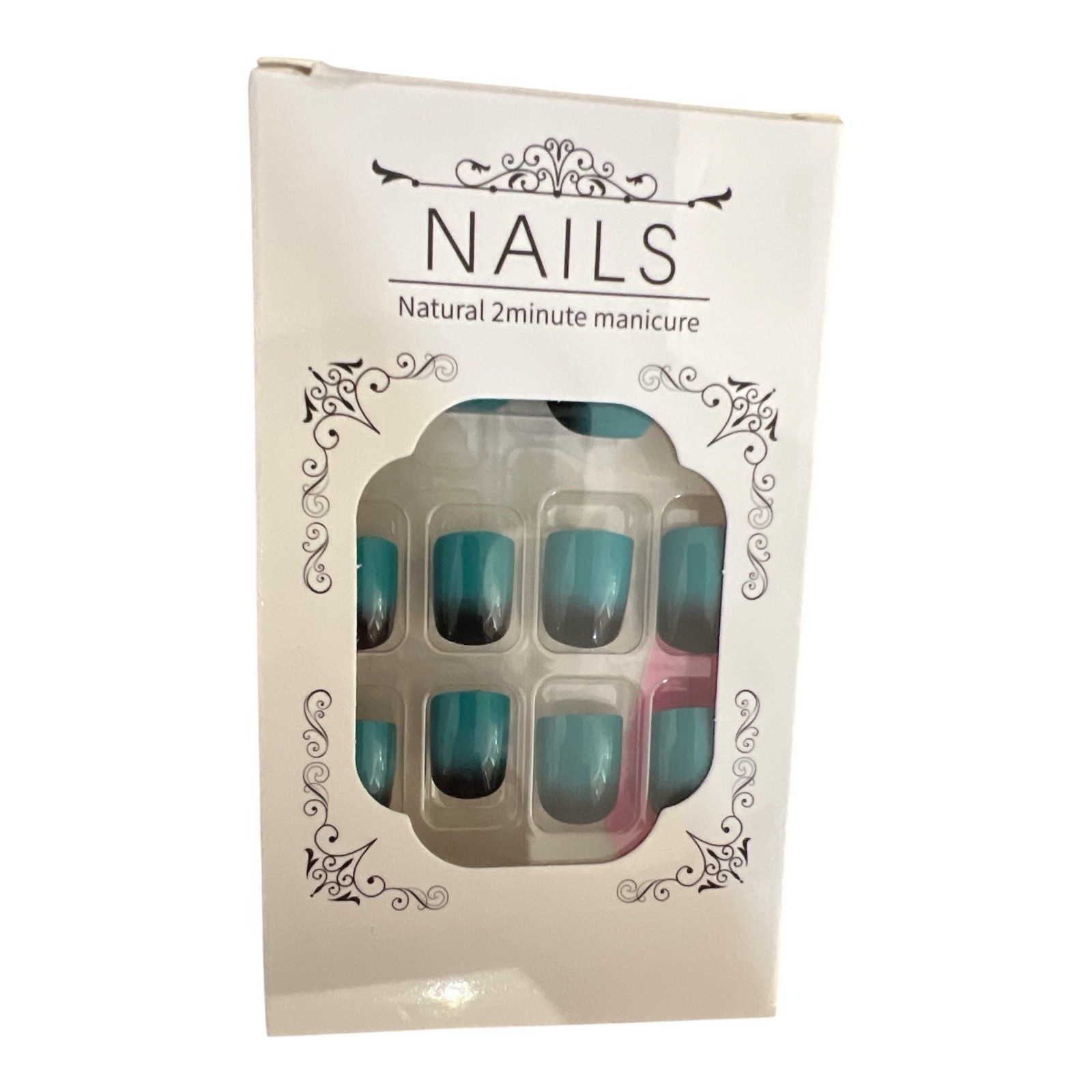 Teal Blue Ombre Press On Nails Short Square Gradient Fake Nails Glossy 24pc Set