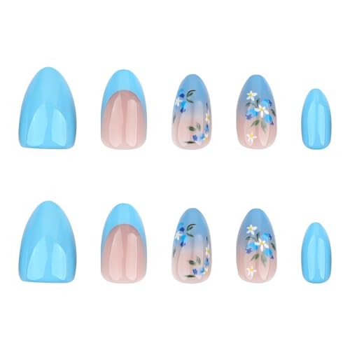 Navy Blue Press on Nails – Short Almond Spring Fake Nails with Flower Style 13