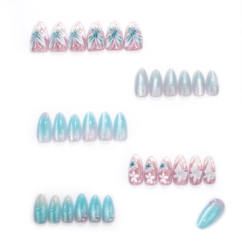 60pcs-Press on Nails Light Blue Ombre 3D Butterfly Flower Almond Nail Art Set