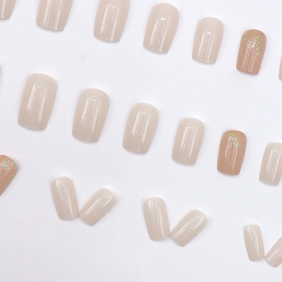 48Pcs White Silver Glitter Gradient Short Square Press on Nails, Nude Fake Nails