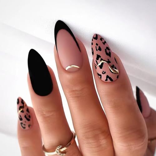 Black French Tip Press on nails Nude Fake Nails Medium Almond False Nails mh05