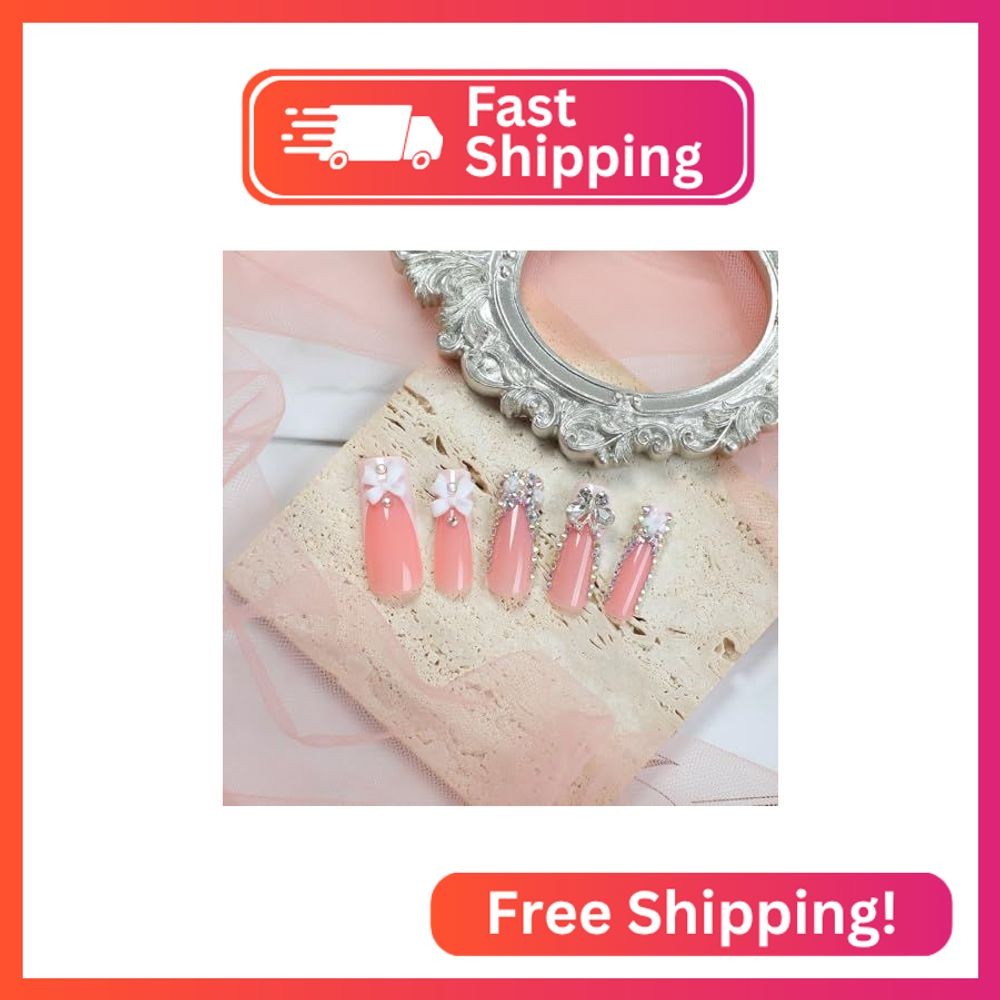 YEFIUO Press On Nails Long Square 3D Butterfly Rhinestones Bow Flowers Charms Na