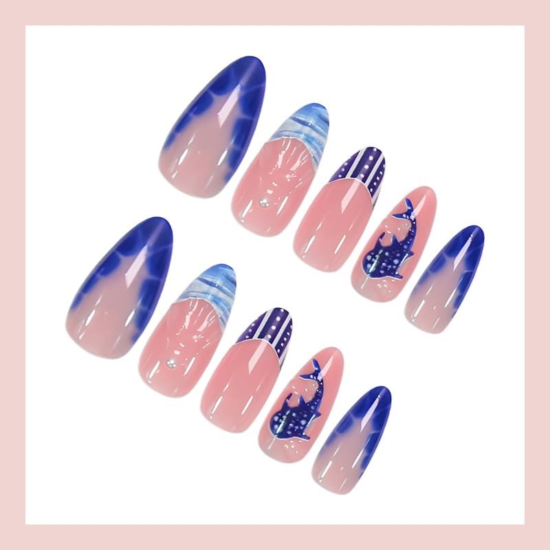 24Pcs Summer Press on Nails Medium Almond Blue French Tip Fake Nails with Oce…