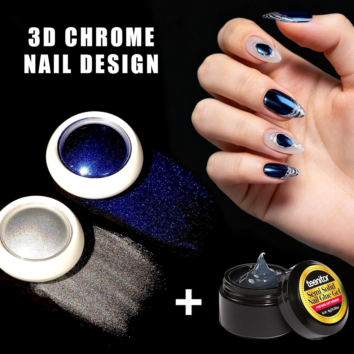 Teenitor Nail Kit: Chrome Powder, Almond Tips, 3D Gel, Tools – Beginner