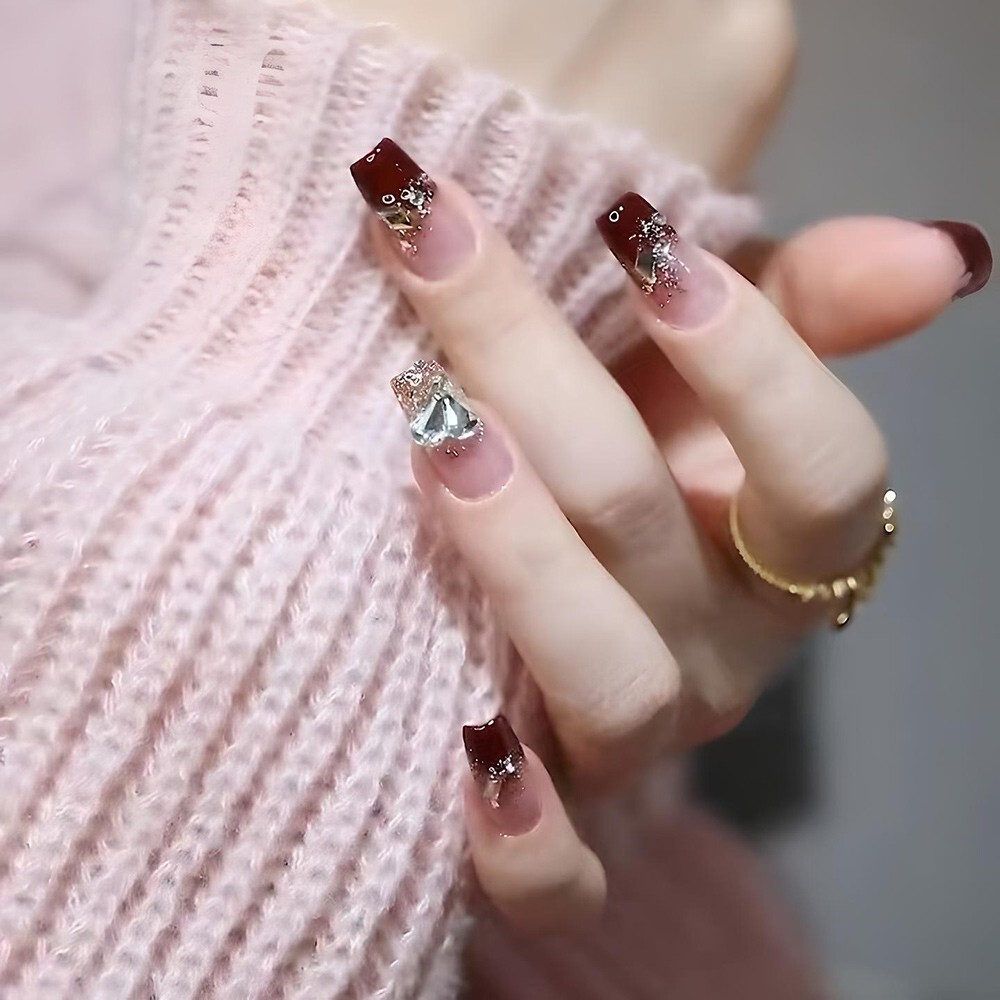 Trendy UV Gel – Burgundy French Style Crushing Rhinestone Bridal Nail Patch Set