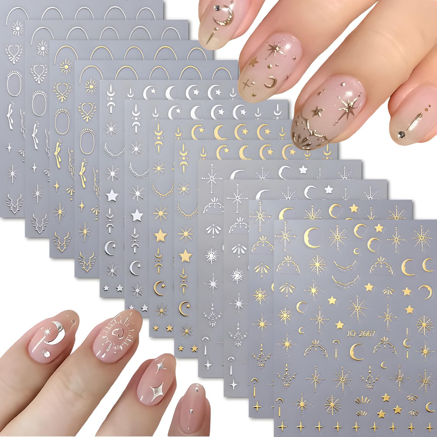 12 Sheets Silver Gold Moon Star Nail Art Stickers – 3D Self Gold Silver Star