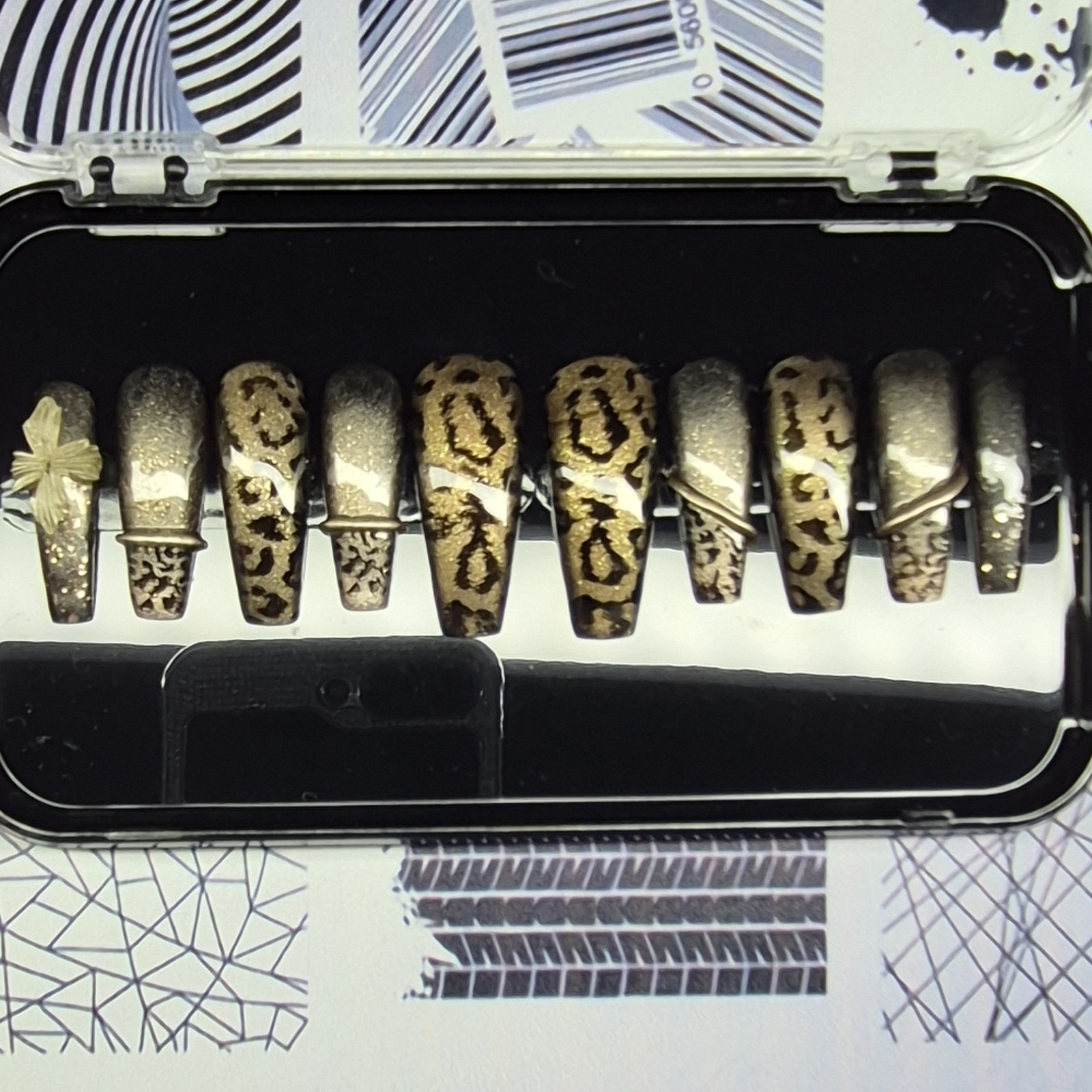 Gold Black Glitter Leopard Coffin Press-On Nails Pre-Designed Full Cover