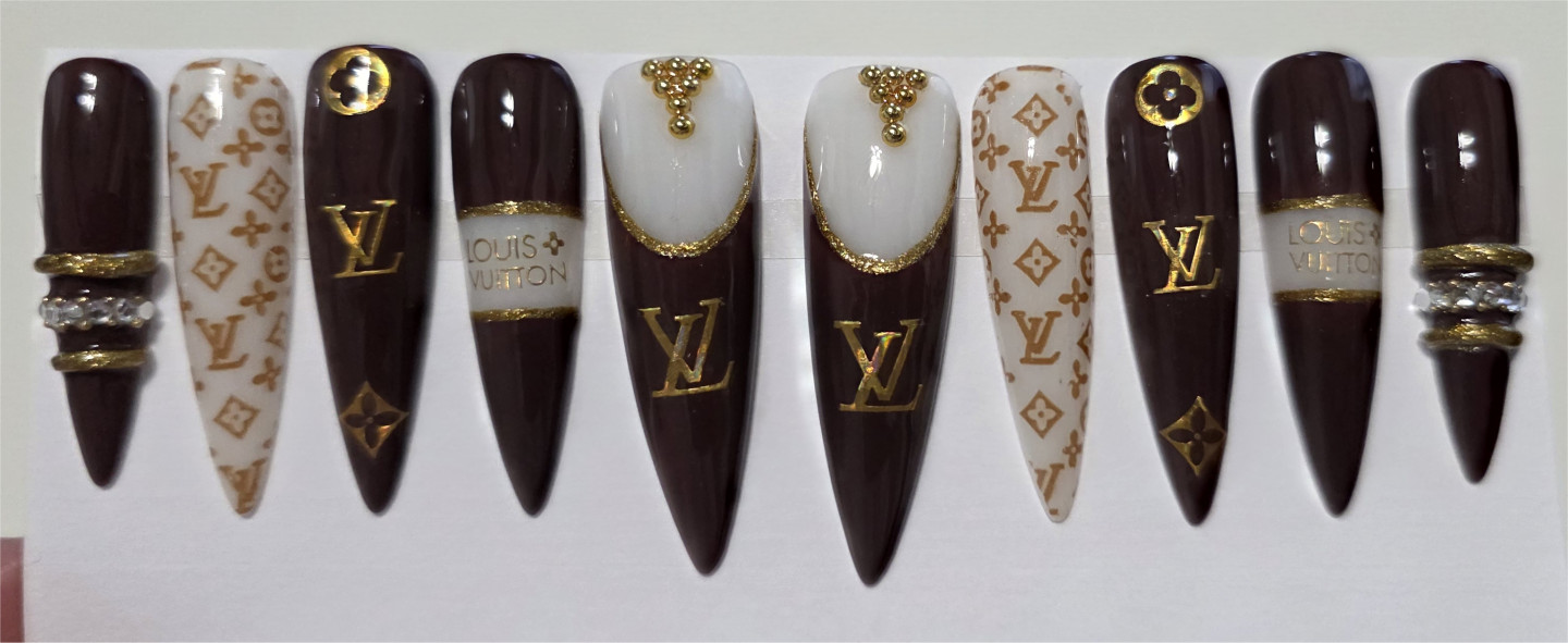10 Pcs Press On Nails Custom Gel Luxury Brown Gold Full Set Long Nail +Kit M