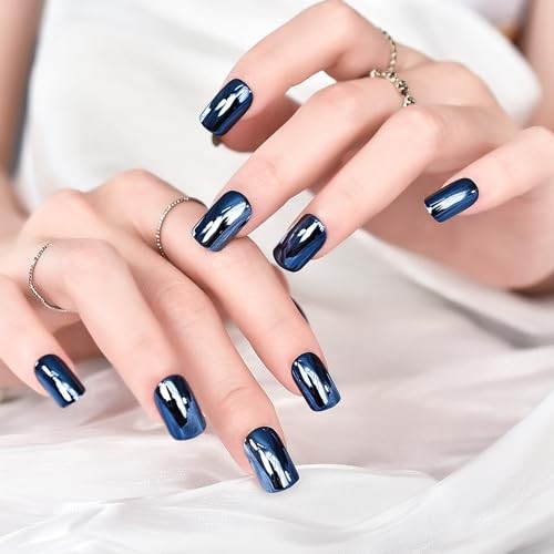 Glossy Metallic Dark Blue Mirror Press On Nails – Soild Color – Short Fake