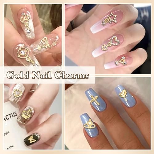 100 Pcs Gold Nail Charms and Gems, Gold Dangle Star Bows Nail Gems Gold-Set 2