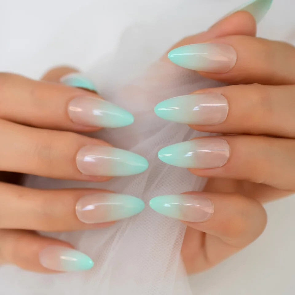 24 Press on nails kit w glue mint green ombre french almond pastel