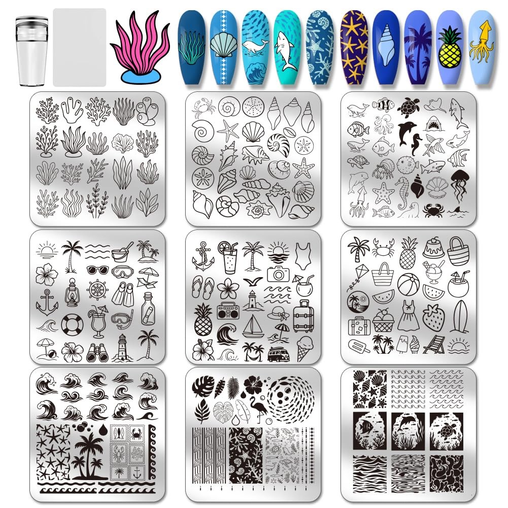 9pcs Ocean Theme Nail Stamping Plates Beach Seashells Seaweed Nail Art Stenci…