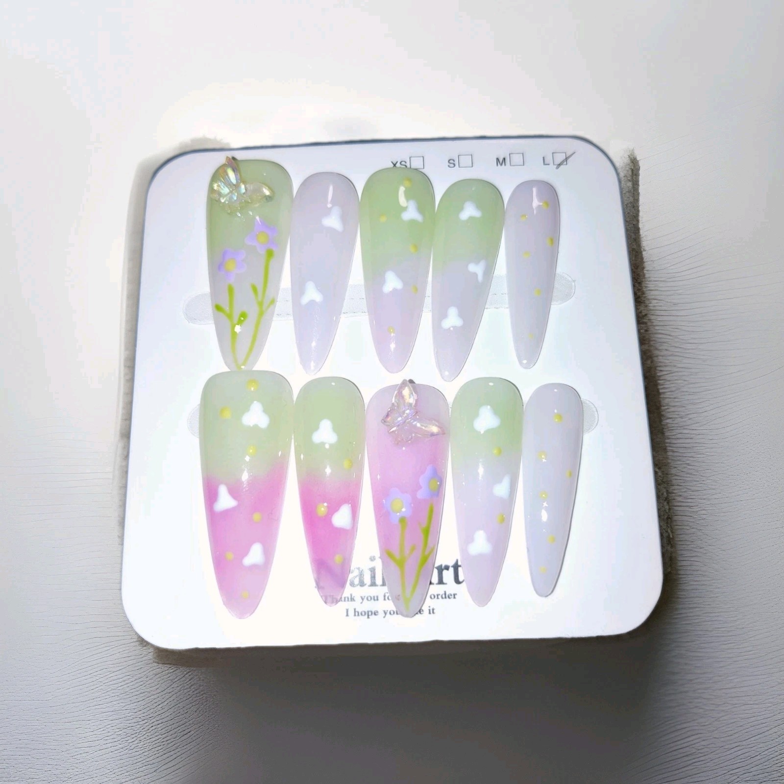 Pink Green Purple Long Coffin 3D Butterfly Flower Press-On Nails Full Cover
